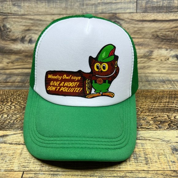 Woodsy Owl Mens Trucker Hat Green Snapback 70s Old Advertisement Don't Pollute - Picture 2 of 8